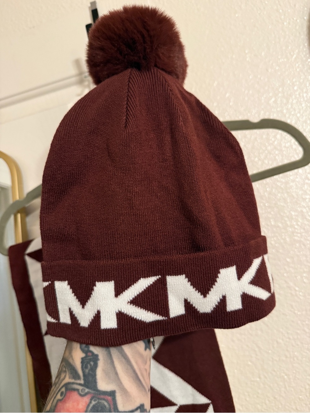 Michael Kors Burgundy and White MK Logo Scarf with Pom Beanie - Picture 3 of 4